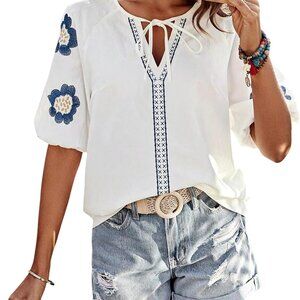 Women's Summer Tops Floral Embroidered Puff Short Sleeve Shirts V Neck Boho Tuni